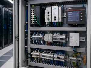 Industrial networking devices, I/O modules, terminal blocks, and organized wiring support data center monitoring and connectivity.