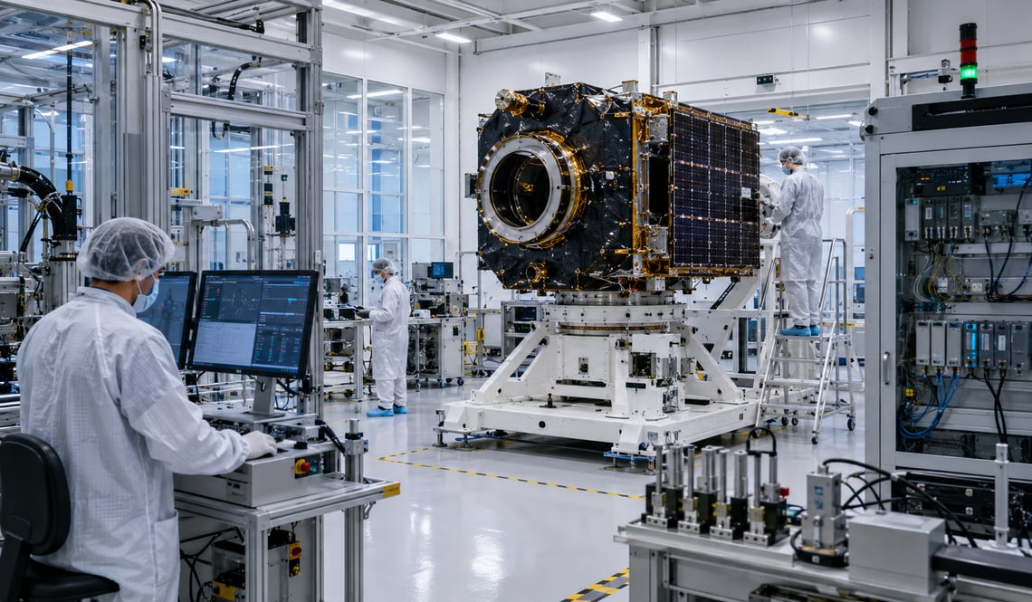 room test stand with satellite component, control station, PLC cabinet, and technicians supporting space economy production.