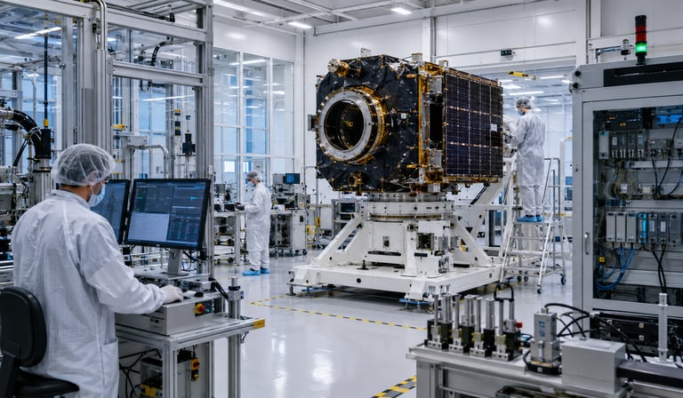 room test stand with satellite component, control station, PLC cabinet, and technicians supporting space economy production.