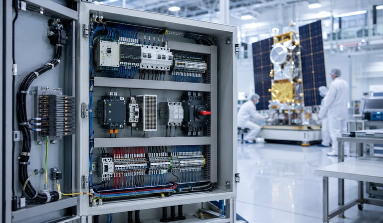 Open industrial control panel with organized wiring, circuit protection, power supplies, and enclosure components supports space economy infrastructure.