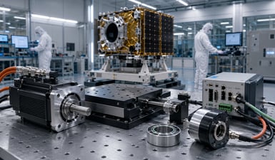 Precision motion test system with motor, encoder, control station, and satellite assembly supports space-focused manufacturing and testing.