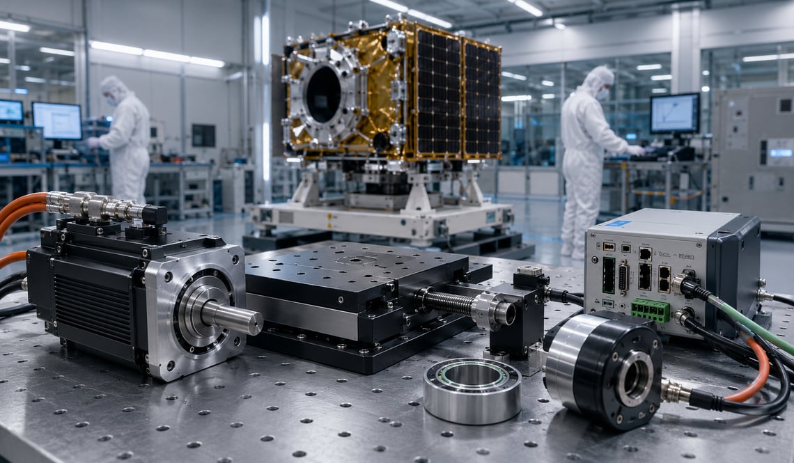 Precision motion test system with motor, encoder, control station, and satellite assembly supports space-focused manufacturing and testing.