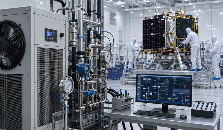 Cleanroom facility with cooling equipment, process sensors, gauges, control panel, and monitoring screen supporting space economy operations.