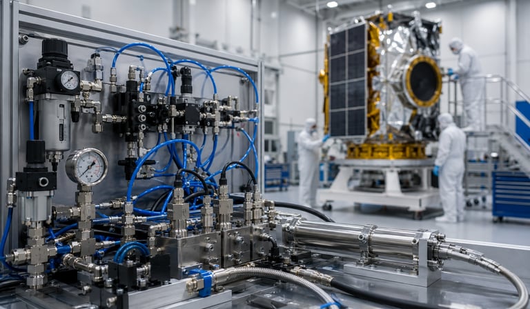 Cleanroom test system with pneumatic tubing, valves, pressure gauges, actuators, and technicians supporting space economy manufacturing.